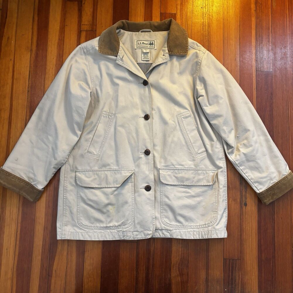 Vintage L.L.Bean Canvas Field Chore Barn Jacket Green Brown Corduroy Women Large